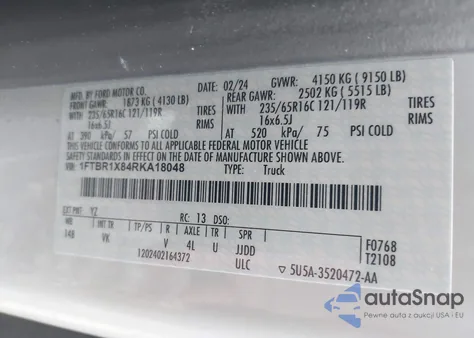 2024 Ford Transit-250 из США, поврежденный, VIN 1FTBR1X84RKA18048